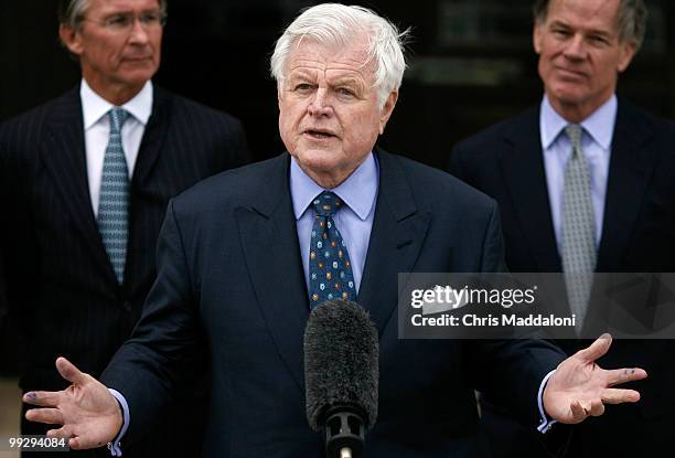 Sen. Ted Kennedy, D-Ma., speaks outside parliament for the first day of the Northern Ireland Assembly at Stormont Castle. Kennedy was there to...