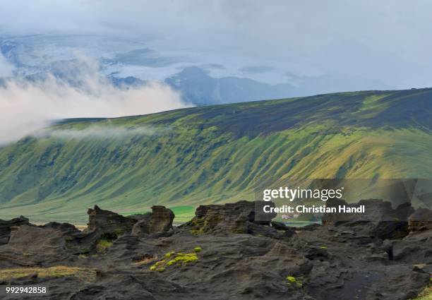 landscape with tuff rock, dyrholaey, vik i myrdal, southern region, iceland - south central iceland stock pictures, royalty-free photos & images