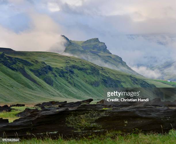 landscape with tuff rock, dyrholaey, vik i myrdal, southern region, iceland - south central iceland stock pictures, royalty-free photos & images