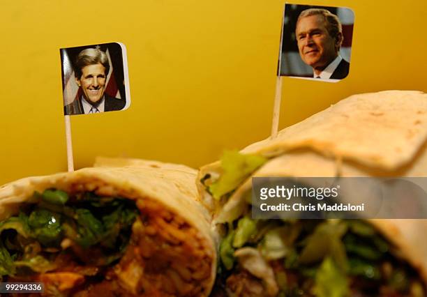 California Tortilla on 7th St. NW is oiffering election-themed burritos: The Kerry Burrito, with Mexican Rice, Baked Beans, chicken, Heinz 57, slasa...