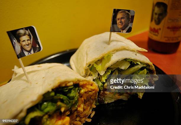 California Tortilla on 7th St. NW is oiffering election-themed burritos: The Kerry Burrito, with Mexican Rice, Baked Beans, chicken, Heinz 57, slasa...