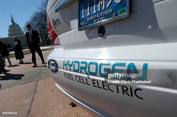 Hydrogen fuel cell cars at a press conference to introduce "The Clean Efficient Automobiles Resulting from Advance Car Technologies Act" supported by...