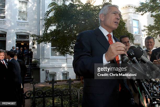 Wesley Clark talks with reporters prier to meeting with members of Congress in Washington, D.C..