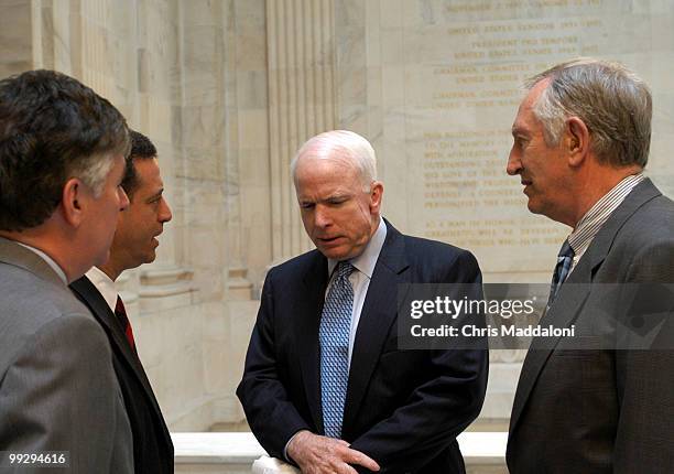 Rep. Martin Meehan, D-Mass., Sen. Russel Feingold, D-Wisc., Sen. John McCain, R-Az., and Sen. Jim Jeffords, I-Vt. Speak before a press conference...