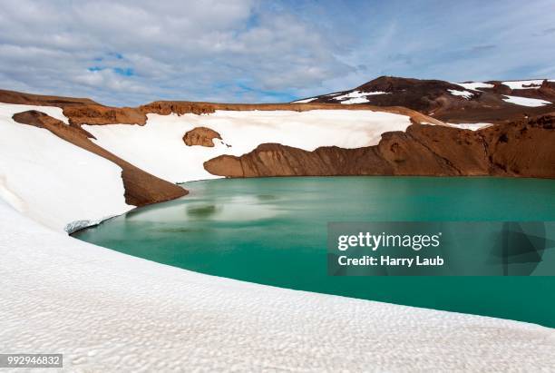 snow fields, volcanic lake, turquoise water, krafla, iceland - see crater lake stock-fotos und bilder