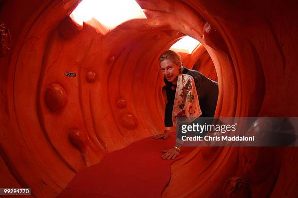 Freda Soloman, widow of Rep. Jerry Solomon, crawls through a 40 ft. Colon model at the Colossal Colon Tour at Freedom Plaza. The event was designed...