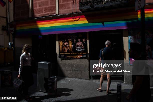 Decorated facades with rainbow flags in Chueca neighborhood during the week of celebrations of Gay Pride MADO 2018.