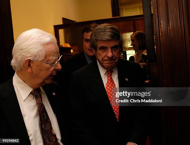 Sen. Robert Byrd, D-WV,and Sen. Ben Nelson, D-Ne., leave from a meeting at Sen. John McCain's office about a compromise deal being worked on by...