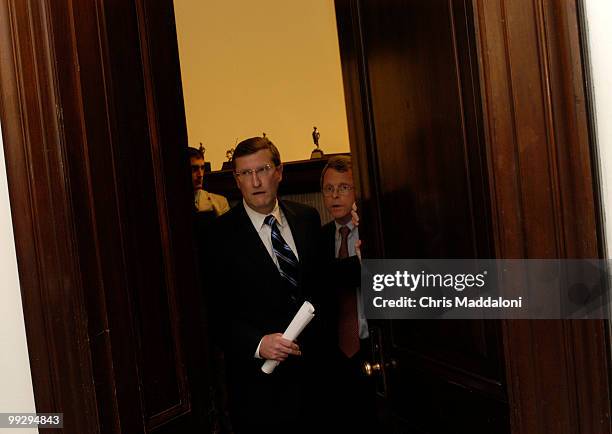 Sen. Kent Conrad, D-ND, and Sen. Mike DeWine, R-Ohio, leave from a meeting at Sen. John McCain's office about a compromise deal being worked on by...