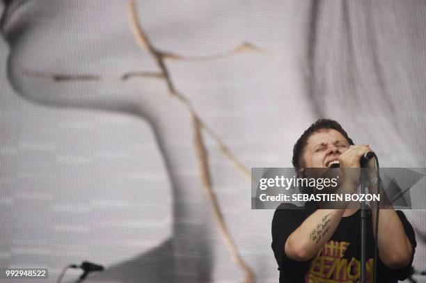 English singer of the UK band Nothing But Thieves, Conor Mason, performs on stage during the 30th Eurockeennes rock music festival on July 6, 2018 in...