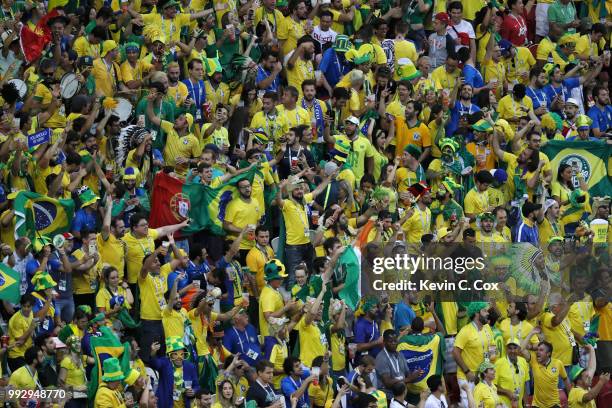 Brazil fans enjoy the pre match atmosphere prior to the 2018 FIFA World Cup Russia Quarter Final match between Brazil and Belgium at Kazan Arena on...