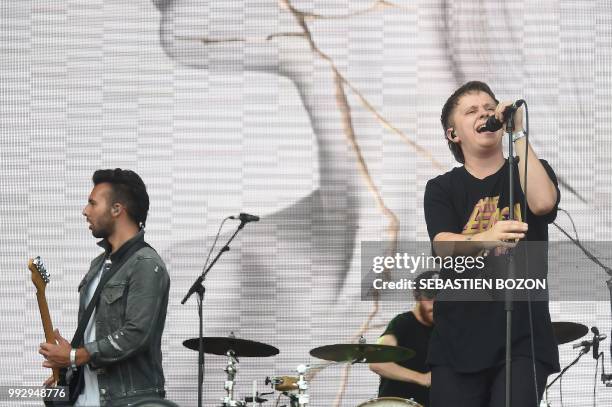English singer and guitarist of the UK band Nothing But Thieves, Conor Mason and Joe Langridge-Brown , perform on stage during the 30th Eurockeennes...