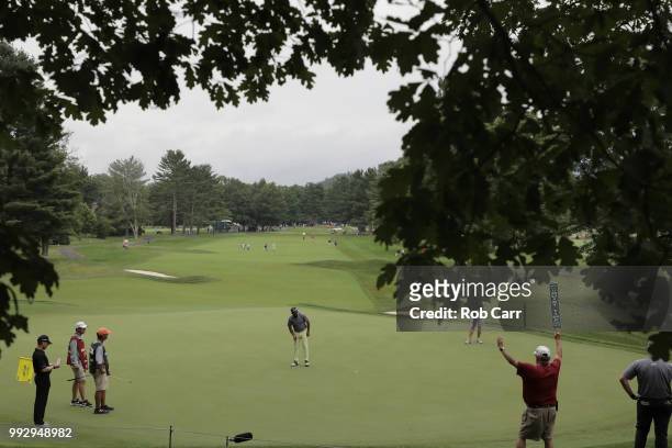 Anirban Lahiri of India putts on the ninth hole during round two of A Military Tribute At The Greenbrier held at the Old White TPC course on July 6,...