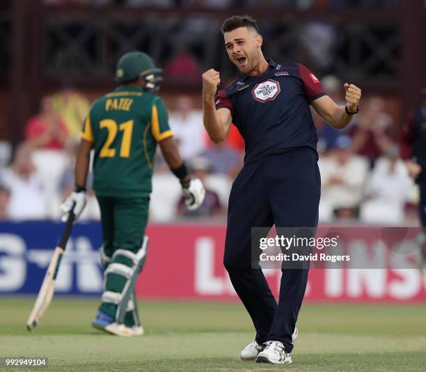 Nathan Buck of Northamptonshire celebrates after taking the wicket of Steven Mullaney during the Vitality Blast match between Northamptonshire...