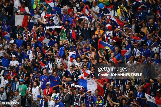 France's players celebrate during the Russia 2018 World Cup quarter-final football match between Uruguay and France at the Nizhny Novgorod Stadium in...