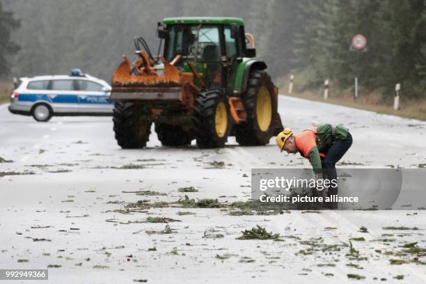 Staff member of the state forest department picks up branches at the closed-off federal highway 4 near Torfhaus, Germany, 29 October 2017. Autumn...