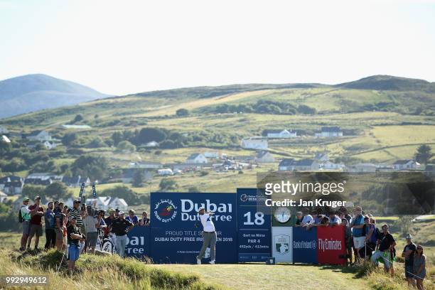 Jon Rahm of Spain tees off on the 18th hole during the second round of the Dubai Duty Free Irish Open at Ballyliffin Golf Club on July 6, 2018 in...
