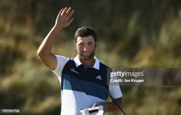 Jon Rahm of Spain acknowledges the crowd on the 18th green during the second round of the Dubai Duty Free Irish Open at Ballyliffin Golf Club on July...