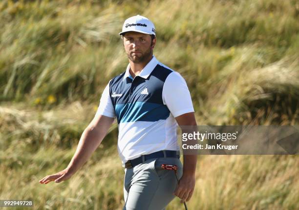 Jon Rahm of Spain putts on the 18th green during the second round of the Dubai Duty Free Irish Open at Ballyliffin Golf Club on July 6, 2018 in...