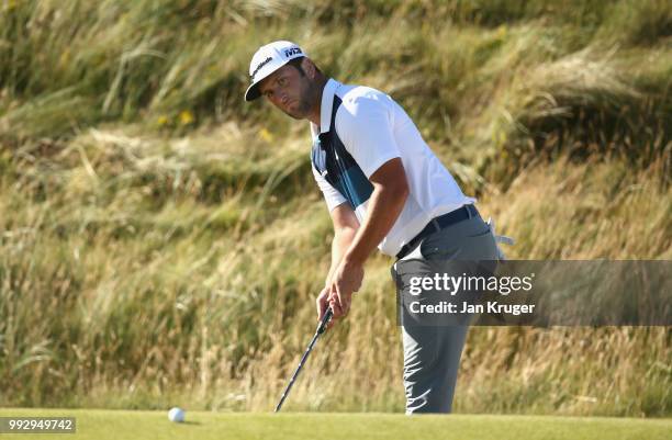 Jon Rahm of Spain putts on the 18th green during the second round of the Dubai Duty Free Irish Open at Ballyliffin Golf Club on July 6, 2018 in...