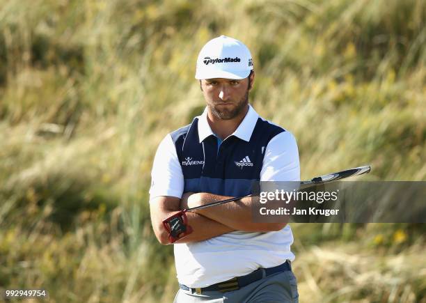 Jon Rahm of Spain prepares to putt on the 18th green during the second round of the Dubai Duty Free Irish Open at Ballyliffin Golf Club on July 6,...