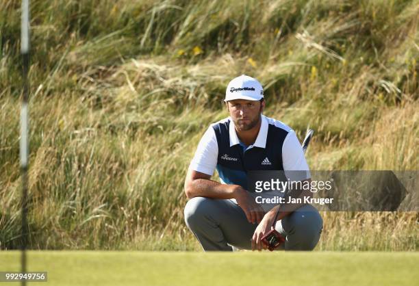 Jon Rahm of Spain prepares to putt on the 18th green during the second round of the Dubai Duty Free Irish Open at Ballyliffin Golf Club on July 6,...