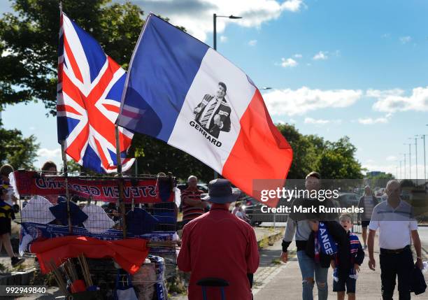 Rangers merchandise bearing the name and face of Ranger new manager Steven Gerrard on display outside Ibrox Stadium during the Pre-Season Friendly...