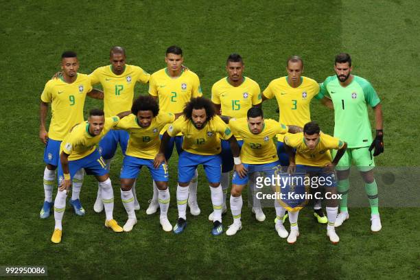 Brazil pose for a team photo prior to prior to the 2018 FIFA World Cup Russia Quarter Final match between Brazil and Belgium at Kazan Arena on July...