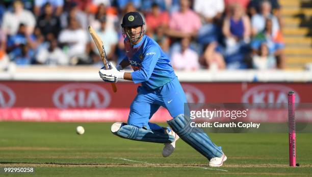 Dhoni of India bats during the 2nd Vitality International T20 match between England and India at SWALEC Stadium on July 6, 2018 in Cardiff, Wales.