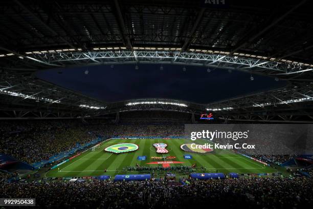 General view inside the stadium as the teams line up prior to the 2018 FIFA World Cup Russia Quarter Final match between Brazil and Belgium at Kazan...