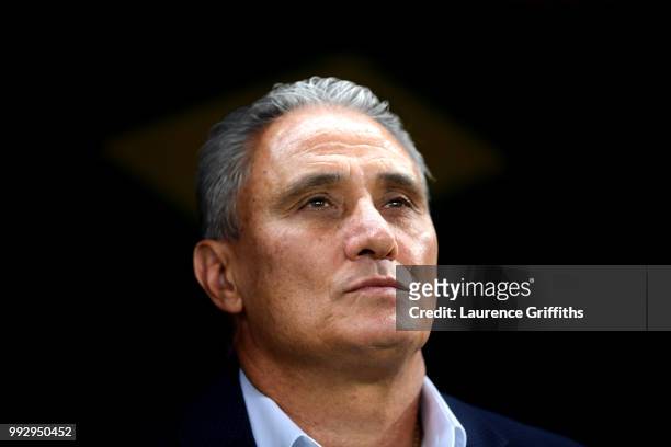 Tite, Head coach of Brazil looks on during the 2018 FIFA World Cup Russia Quarter Final match between Brazil and Belgium at Kazan Arena on July 6,...
