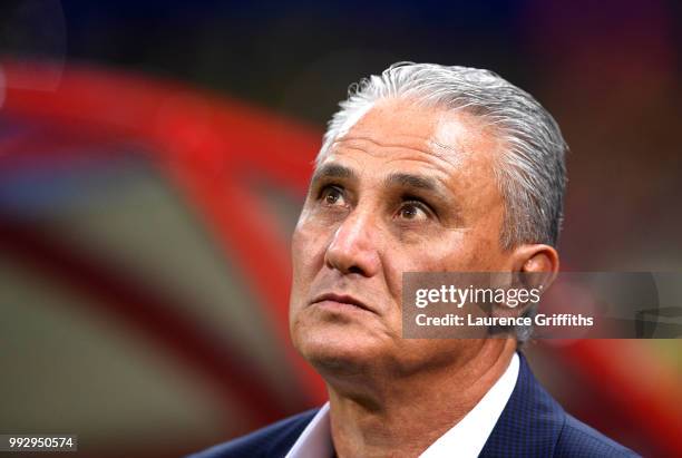 Tite, Head coach of Brazil looks on prior to the 2018 FIFA World Cup Russia Quarter Final match between Brazil and Belgium at Kazan Arena on July 6,...