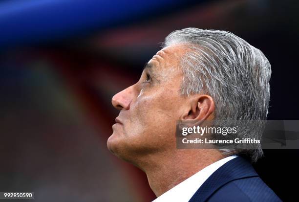 Tite, Head coach of Brazil looks on prior to the 2018 FIFA World Cup Russia Quarter Final match between Brazil and Belgium at Kazan Arena on July 6,...