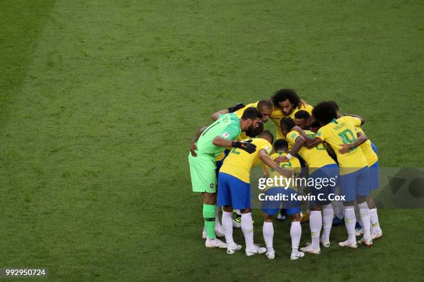 Brazil team huddle ahead of the 2018 FIFA World Cup Russia Quarter Final match between Brazil and Belgium at Kazan Arena on July 6, 2018 in Kazan,...