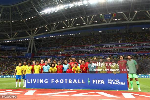 Belgium and Brazil players gather behind a FIFA Fair Play sign prior to the 2018 FIFA World Cup Russia Quarter Final match between Brazil and Belgium...