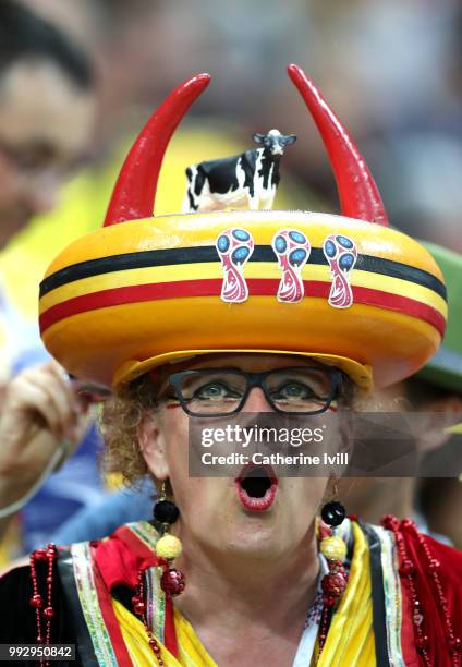 Belgium fan enjoys the pre match atmosphere prior to the 2018 FIFA World Cup Russia Quarter Final match between Brazil and Belgium at Kazan Arena on...