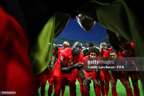 Romelu Lukaku of Belgium speaks to his teammates during a team huddle prior to the 2018 FIFA World Cup Russia Quarter Final match between Brazil and...