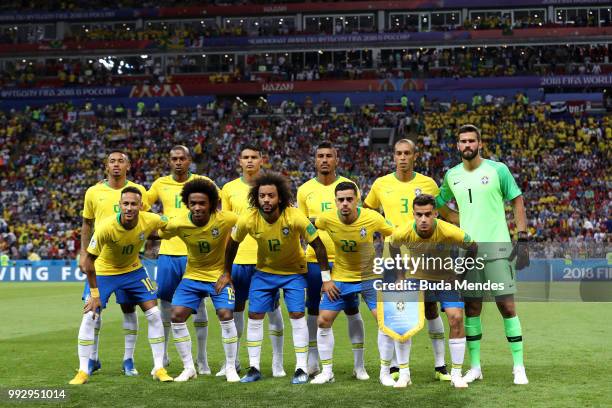 Brazil pose for a team photo prior to prior to the 2018 FIFA World Cup Russia Quarter Final match between Brazil and Belgium at Kazan Arena on July...