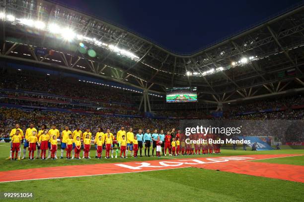 Brazil and Belgium line up prior to the 2018 FIFA World Cup Russia Quarter Final match between Brazil and Belgium at Kazan Arena on July 6, 2018 in...
