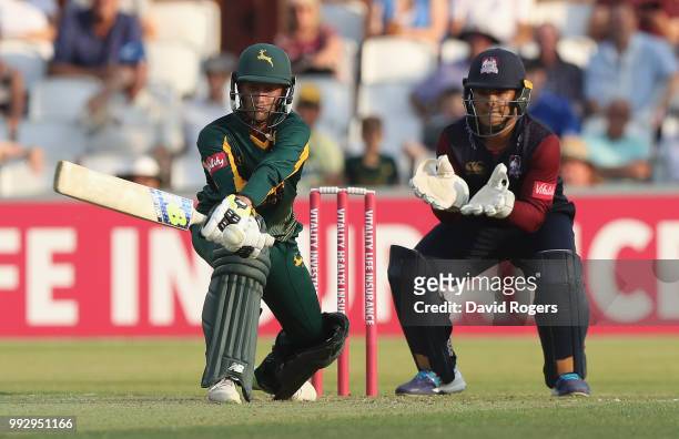 Billy Root of Nottinghamshire reverse sweeps the ball during the Vitality Blast match between Northamptonshire Steelbacks and Nottinghamshire Outlaws...
