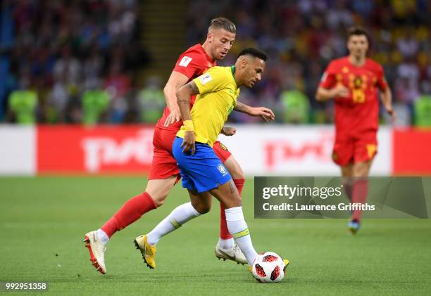 Neymar Jr of Brazil is challenged by Toby Alderweireld of Belgium during the 2018 FIFA World Cup Russia Quarter Final match between Brazil and...