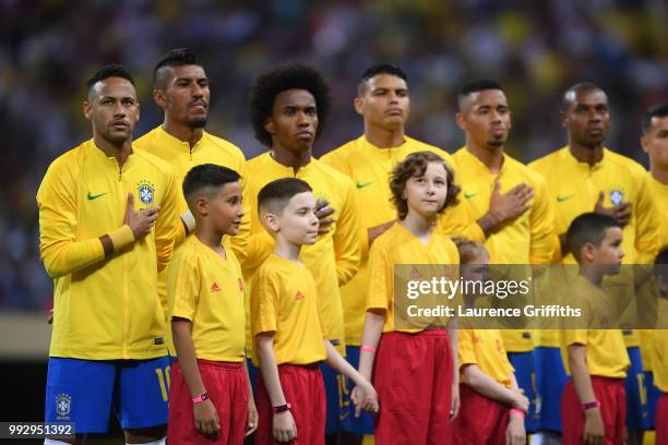 Brazil players line up for their national anthem ahead of the 2018 FIFA World Cup Russia Quarter Final match between Brazil and Belgium at Kazan...