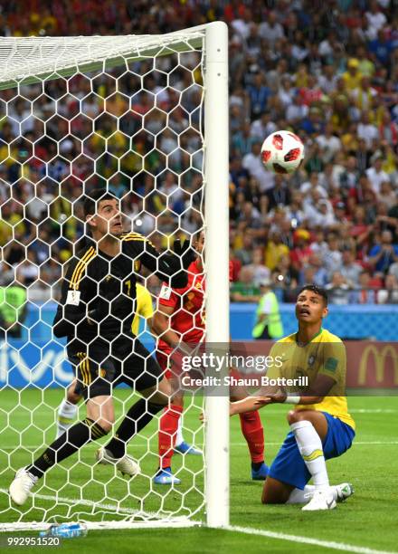 Thiago Silva of Brazil watches as his attempt at goal hits the post as Thibaut Courtois of Belgium looks on during the 2018 FIFA World Cup Russia...