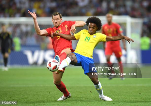 Jan Vertonghen of Belgium challenge for the ball with Willian of Brazil during the 2018 FIFA World Cup Russia Quarter Final match between Brazil and...