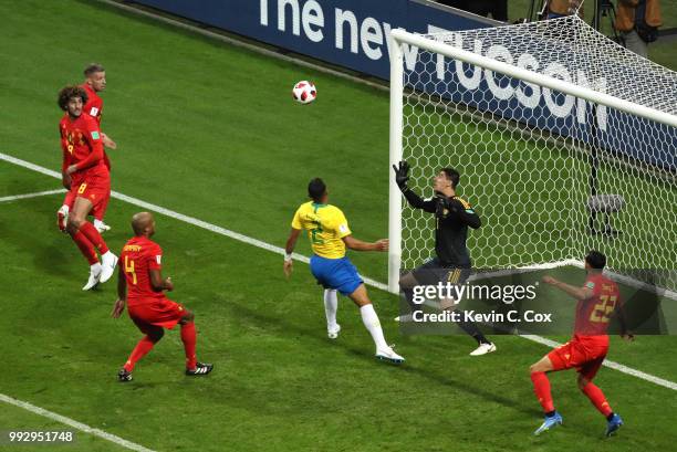 Thiago Silva of Brazil watches as his attempt at goal hits the post as Thibaut Courtois of Belgium looks on during the 2018 FIFA World Cup Russia...