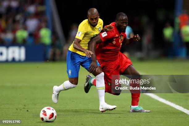 Fernandinho of Brazil battles for possession with Romelu Lukaku of Belgium during the 2018 FIFA World Cup Russia Quarter Final match between Brazil...