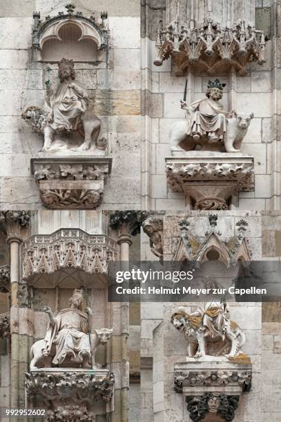 --the four riding kings-- symbolizing the four empires nepukadnezar the chaldean, cyrus the persian, alexander the great's greek-macedonian, roman augustus, main facade of the cathedral of st. peter, 1385-1415, regensburg, upper palatinate, bavaria - cyrus stock pictures, royalty-free photos & images