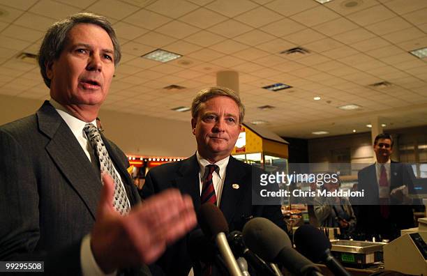 Rep. Walter Jones, R-SC, with Rep. Bob Ney, R-Oh, present the new name for French fries in the Capitol in the Longworth cafeteria, "Freedom Fries."...