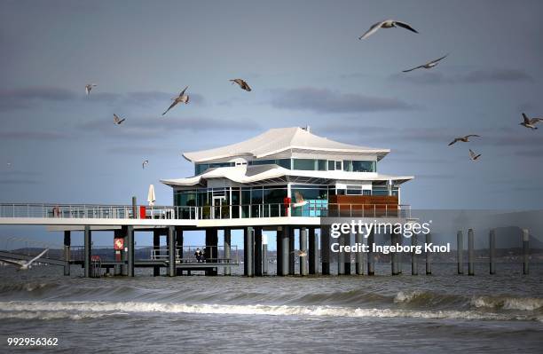 pier, teahouse, baltic sea, timmendorfer beach, schleswig-holstein, germany - timmendorfer strand stock-fotos und bilder