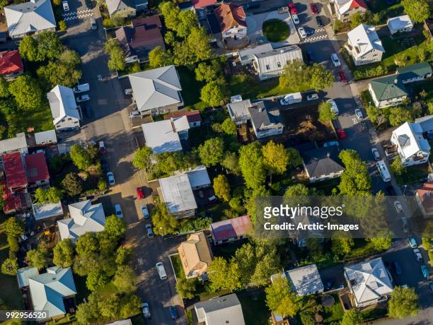 aerial - roof tops, neighborhood of reykjavik, iceland - suburban apartments stock pictures, royalty-free photos & images